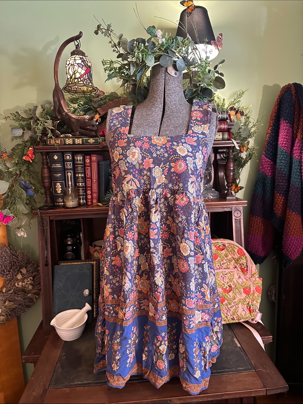 Natural Life Tricia Blue Garden Dress Floral Flower Colonial Blockprint M
